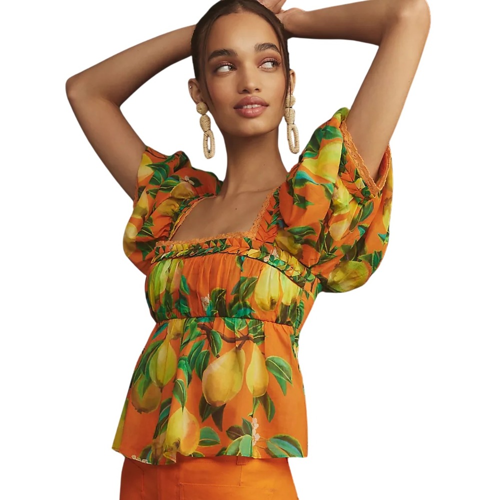 Farm Rio Top Womens Large Orange Pear Fruit Print Puff Sleeve Tropical Blouse